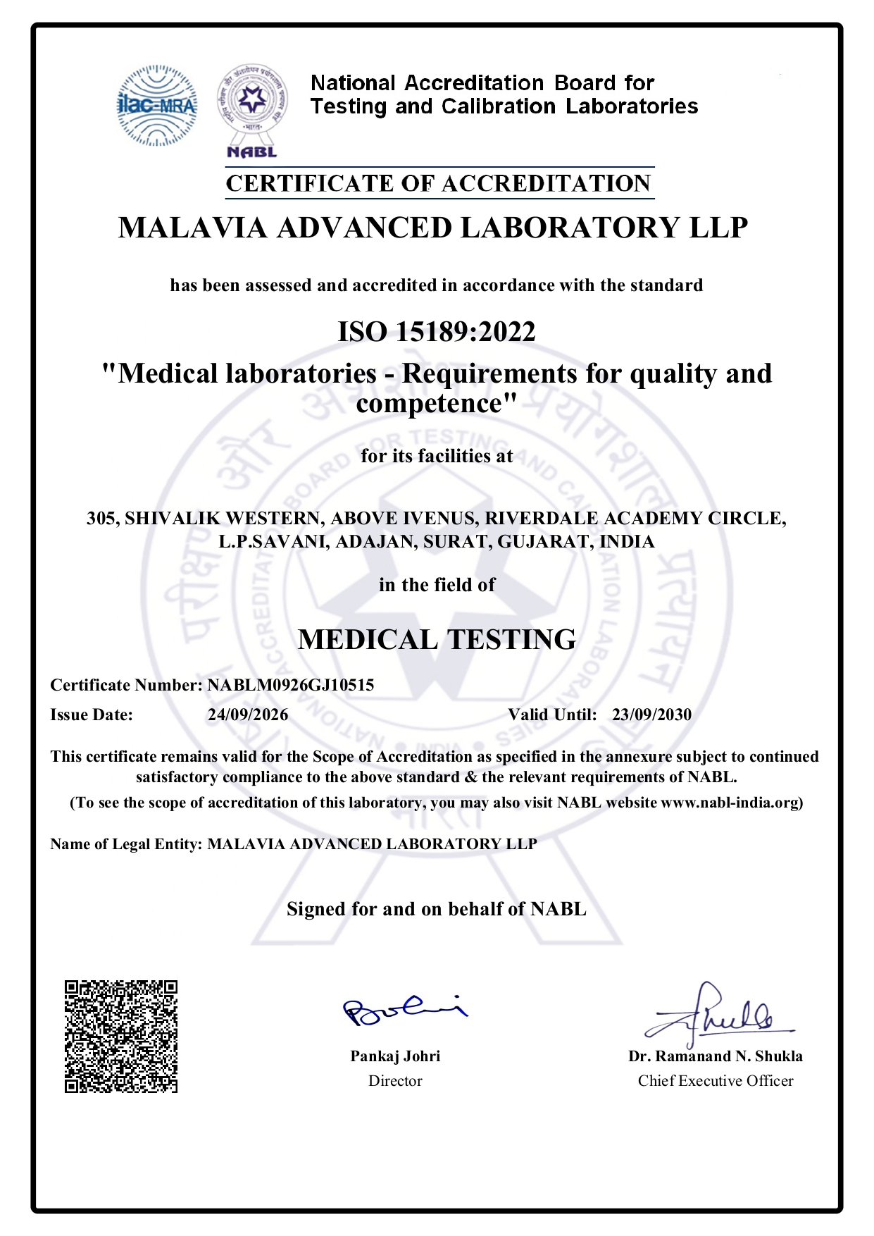 NABL accreditation, ISO 15189:2022 certificate issued to Malavia Advanced Laboratory