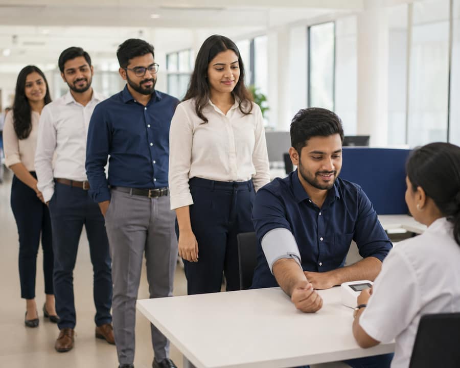 Office colleagues waiting beside a temporary check-up desk in a bright corridor