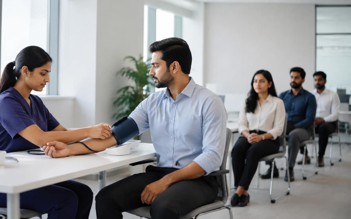 An on-site check-up desk in an office, an employee having their blood pressure taken