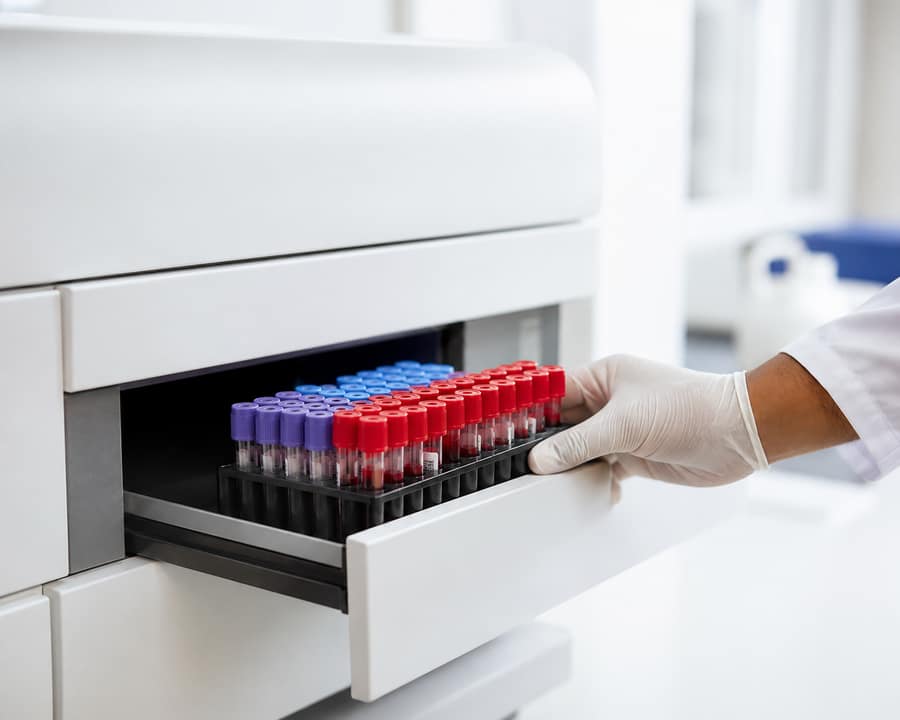 A gloved hand loading a rack of collection tubes into an automated analyser