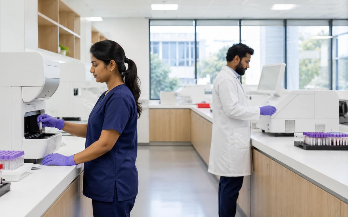 Technicians at work along the benches of a pathology laboratory