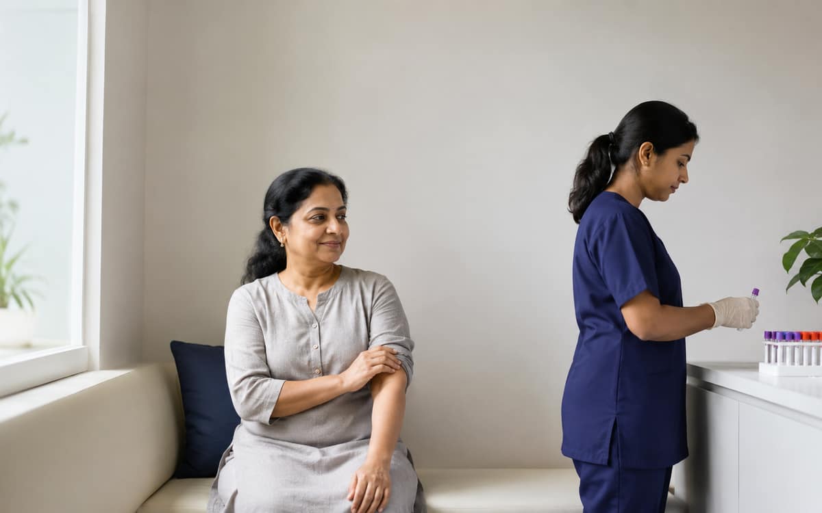 A patient seated calmly in a collection room while a technician prepares a sample tube