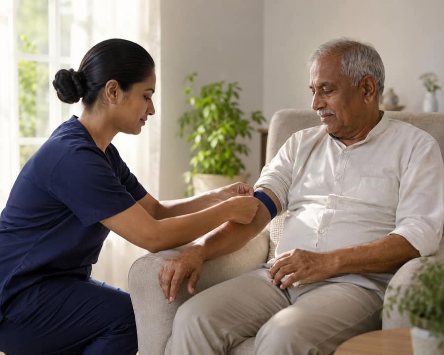A phlebotomist kneeling beside an elderly patient seated in an armchair at home