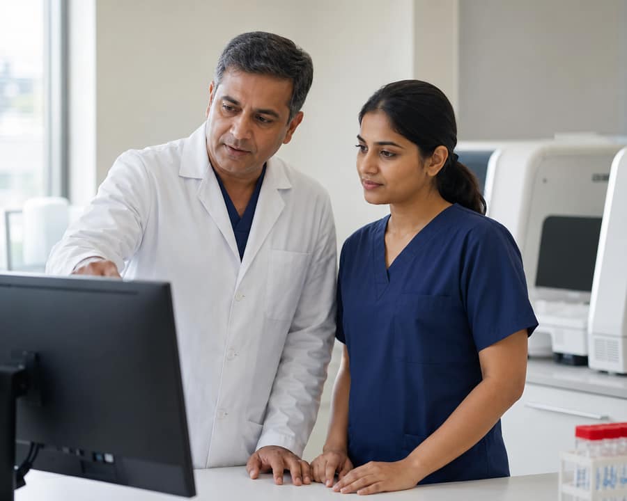 Two laboratory professionals reviewing a result together at the bench
