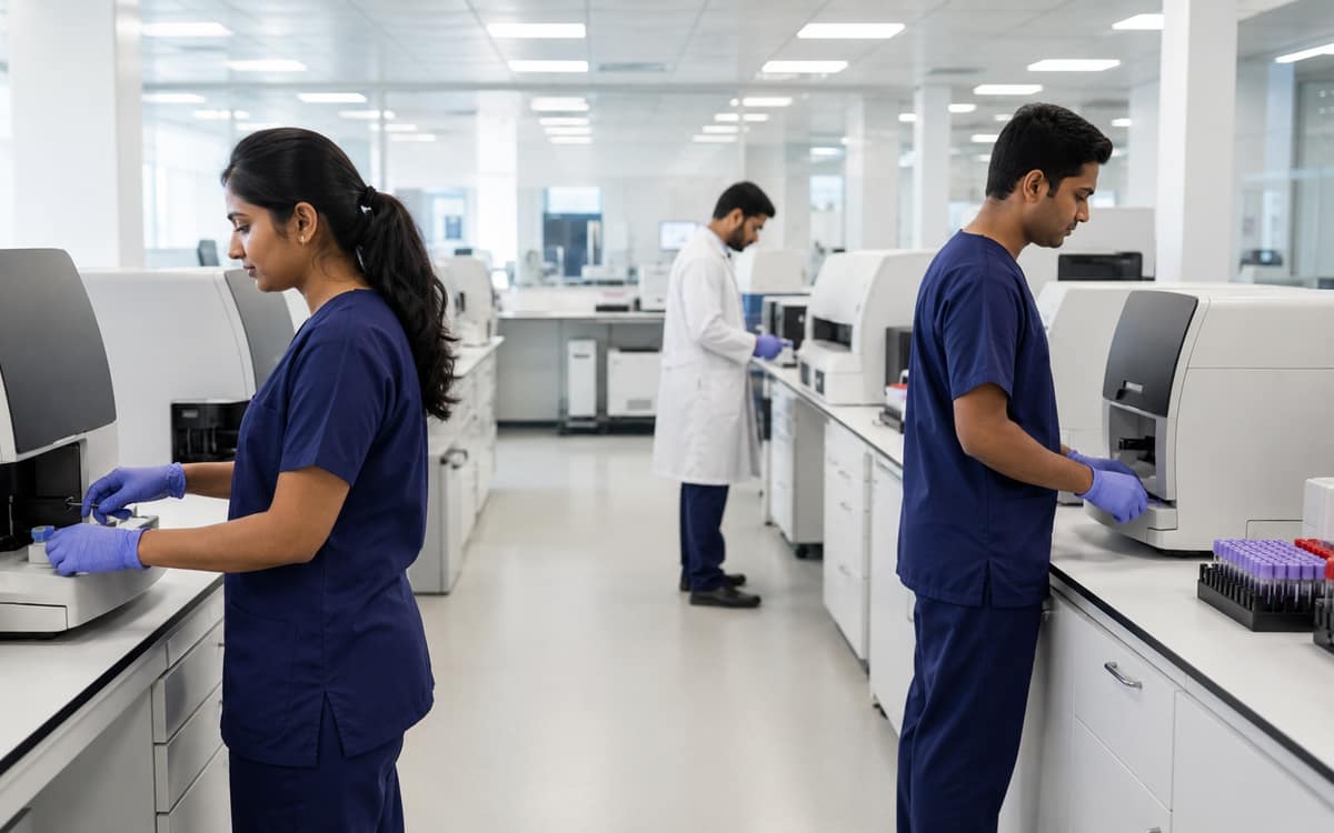 A large pathology laboratory floor with technicians working along the benches